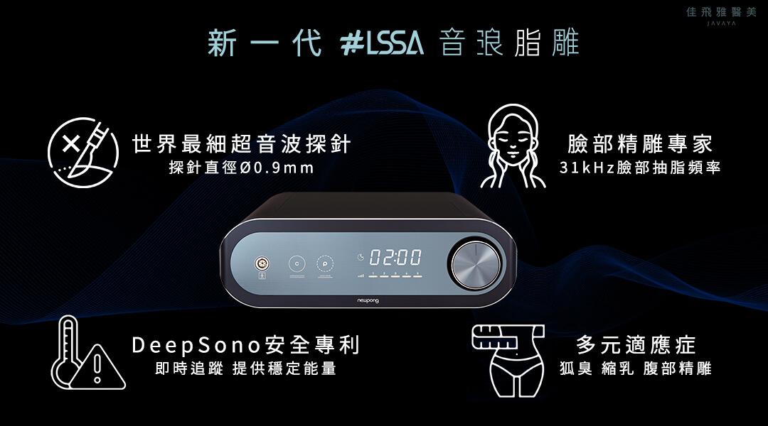 #LSSA音浪脂雕-世界最細超音波探針0.9mm、臉部精雕專家31kHz臉部抽脂頻率、DeepSono安全專利 即時追蹤提供穩定能量、多元適應症 狐臭縮乳腹部精雕 | 佳飛雅醫美